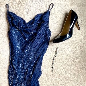 Blue beaded gown MOB silk 61” lined diagonal S